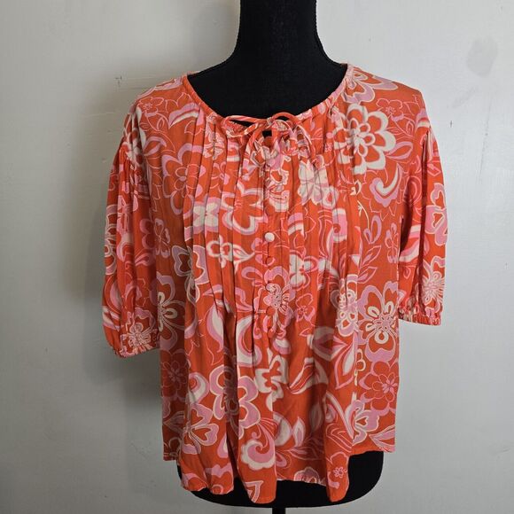Olivaceous Popover Blouse Small Orange Pink Floral Retro 70s Inspired Pintuck - Picture 1 of 11